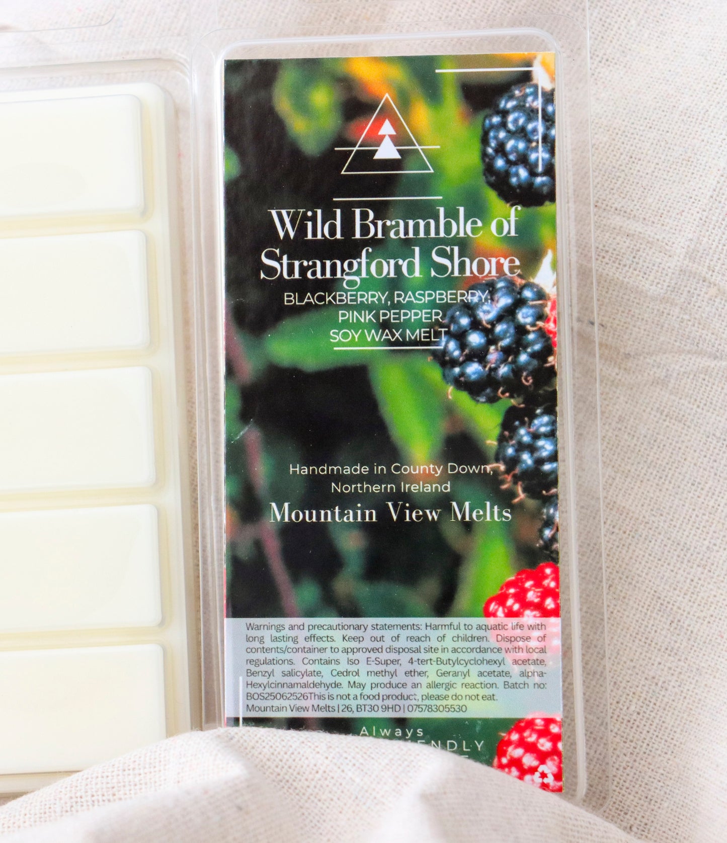 Wild Bramble of Strangford Shore soy wax melt from Mountain View Melts. Handmade in County Down, Northern Ireland
