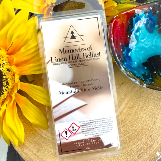Memories of Linen Hall, Belfast soy wax melt from Mountain View Melts